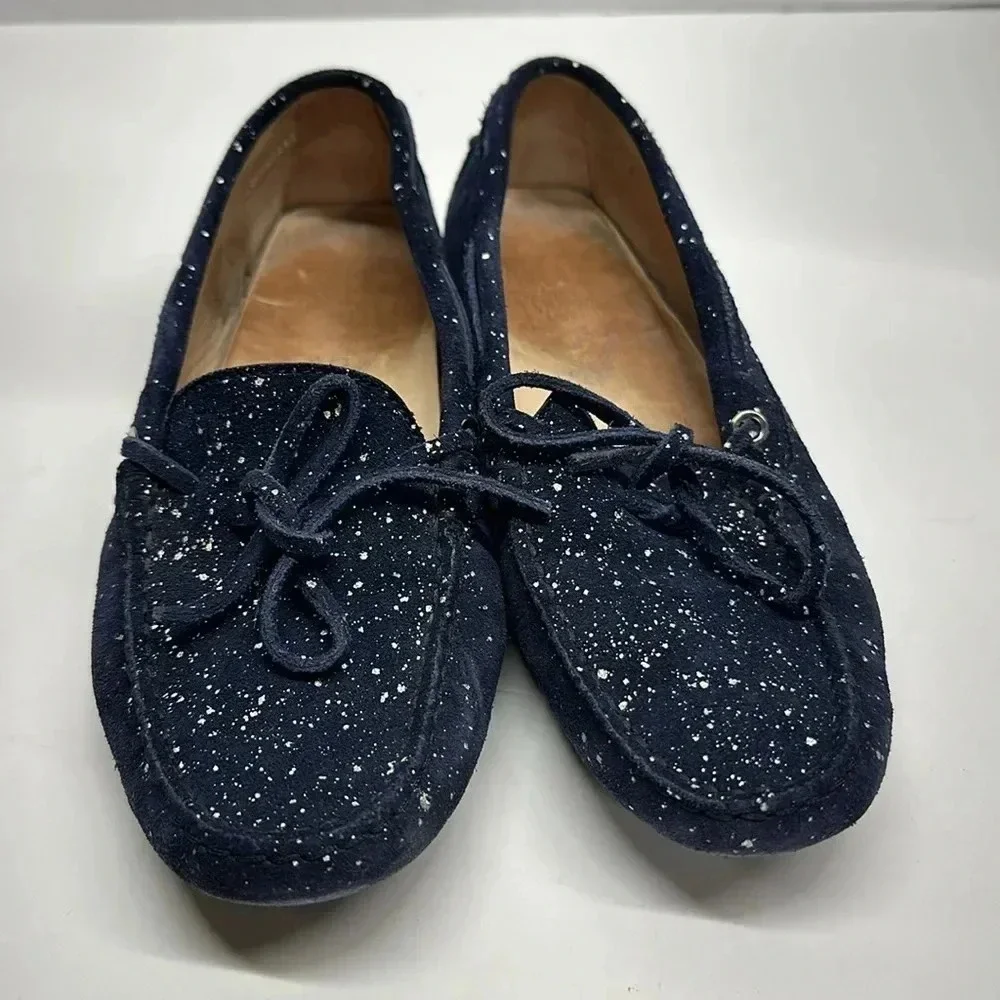 Tods Driving Moccasins Loafers Suede Leather Paint Splatter Navy Blue Size 7.5
